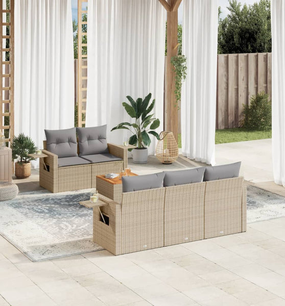 6-tlg. Garten-Sofagarnitur mit Kissen Beige Poly Rattan