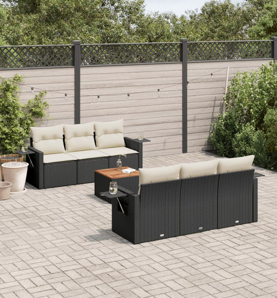 7-tlg. Garten-Sofagarnitur mit Kissen Schwarz Poly Rattan