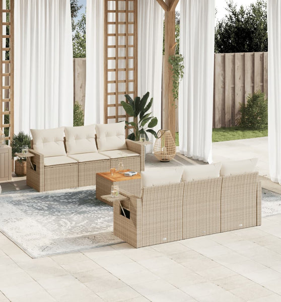 7-tlg. Garten-Sofagarnitur mit Kissen Beige Poly Rattan