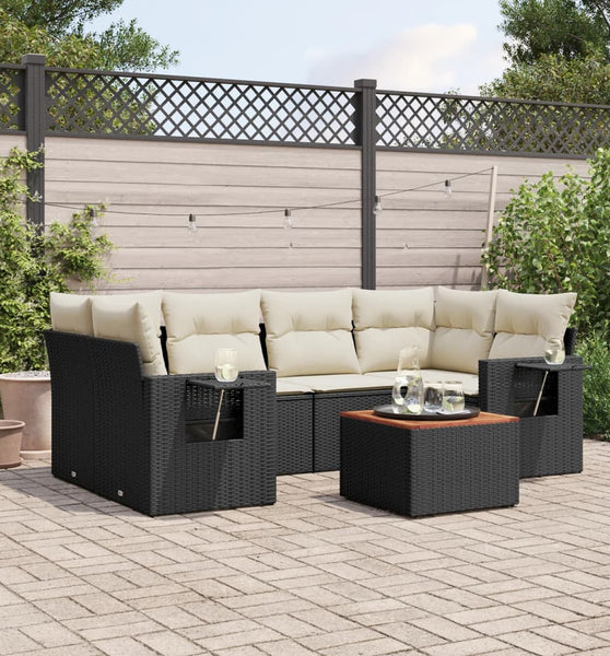 7-tlg. Garten-Sofagarnitur mit Kissen Schwarz Poly Rattan