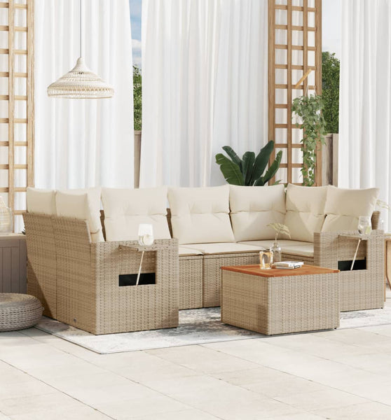 7-tlg. Garten-Sofagarnitur mit Kissen Beige Poly Rattan