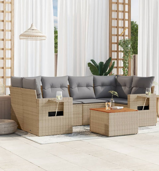 7-tlg. Garten-Sofagarnitur mit Kissen Beige Poly Rattan