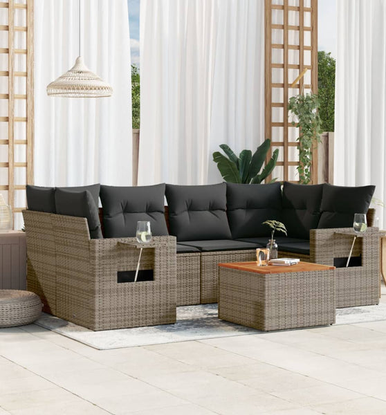 7-tlg. Garten-Sofagarnitur mit Kissen Grau Poly Rattan