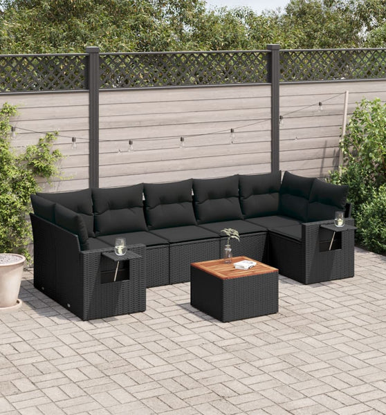 8-tlg. Garten-Sofagarnitur mit Kissen Schwarz Poly Rattan