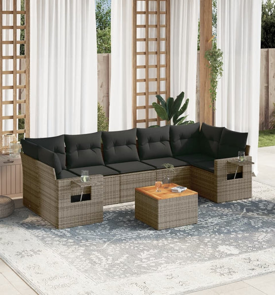 8-tlg. Garten-Sofagarnitur mit Kissen Grau Poly Rattan