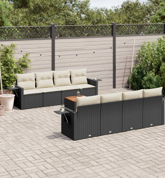 9-tlg. Garten-Sofagarnitur mit Kissen Schwarz Poly Rattan