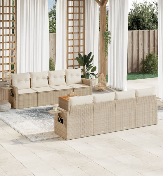 9-tlg. Garten-Sofagarnitur mit Kissen Beige Poly Rattan