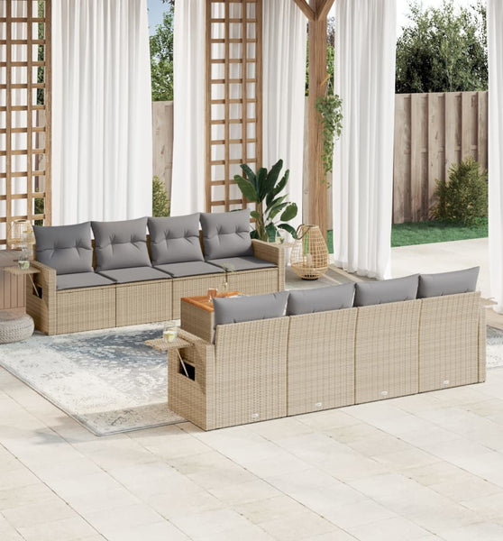 9-tlg. Garten-Sofagarnitur mit Kissen Beige Poly Rattan