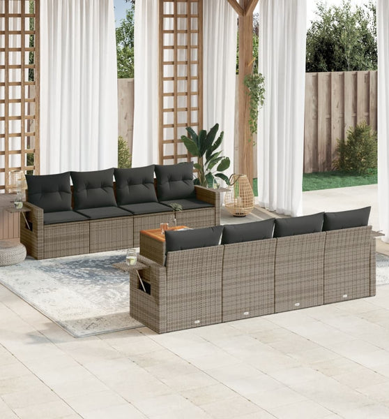 9-tlg. Garten-Sofagarnitur mit Kissen Grau Poly Rattan