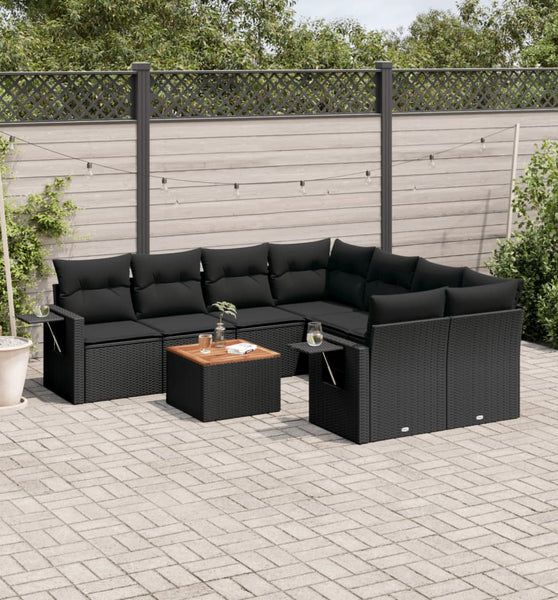 9-tlg. Garten-Sofagarnitur mit Kissen Schwarz Poly Rattan