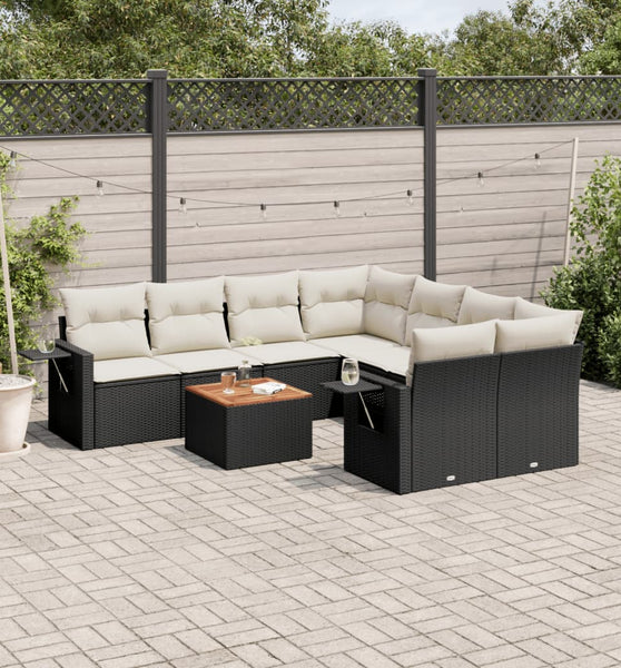 9-tlg. Garten-Sofagarnitur mit Kissen Schwarz Poly Rattan