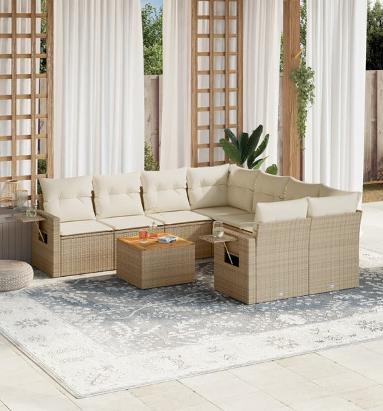 9-tlg. Garten-Sofagarnitur mit Kissen Beige Poly Rattan