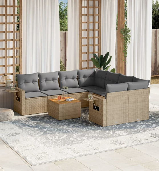 9-tlg. Garten-Sofagarnitur mit Kissen Beige Poly Rattan