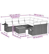 9-tlg. Garten-Sofagarnitur mit Kissen Grau Poly Rattan