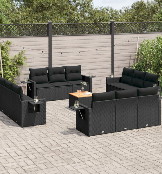 13-tlg. Garten-Sofagarnitur mit Kissen Schwarz Poly Rattan