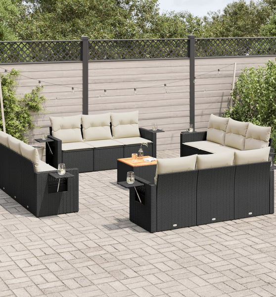 13-tlg. Garten-Sofagarnitur mit Kissen Schwarz Poly Rattan