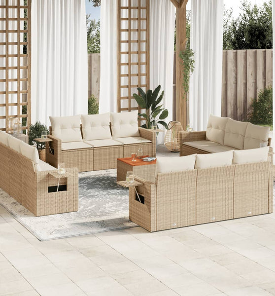 13-tlg. Garten-Sofagarnitur mit Kissen Beige Poly Rattan