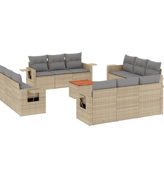 13-tlg. Garten-Sofagarnitur mit Kissen Beige Poly Rattan