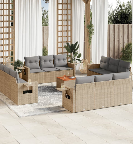 13-tlg. Garten-Sofagarnitur mit Kissen Beige Poly Rattan