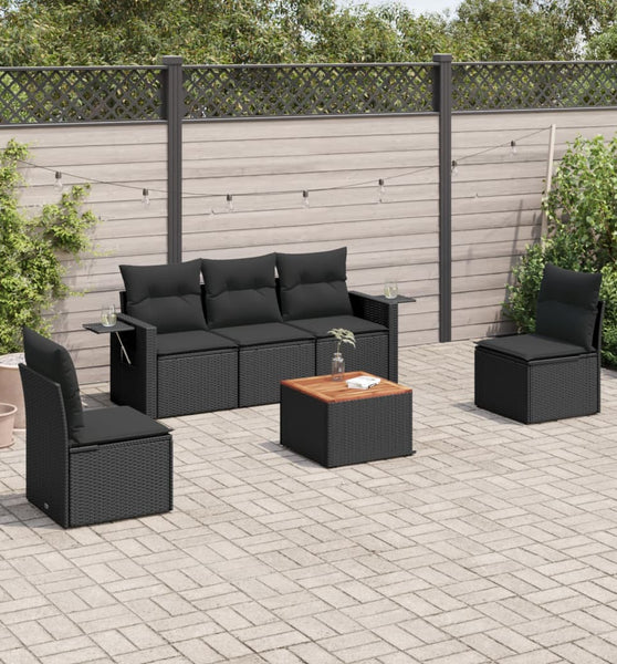 6-tlg. Garten-Sofagarnitur mit Kissen Schwarz Poly Rattan