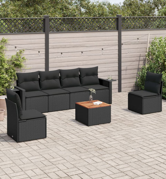 7-tlg. Garten-Sofagarnitur mit Kissen Schwarz Poly Rattan