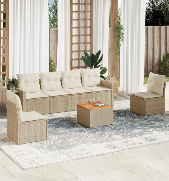 7-tlg. Garten-Sofagarnitur mit Kissen Beige Poly Rattan