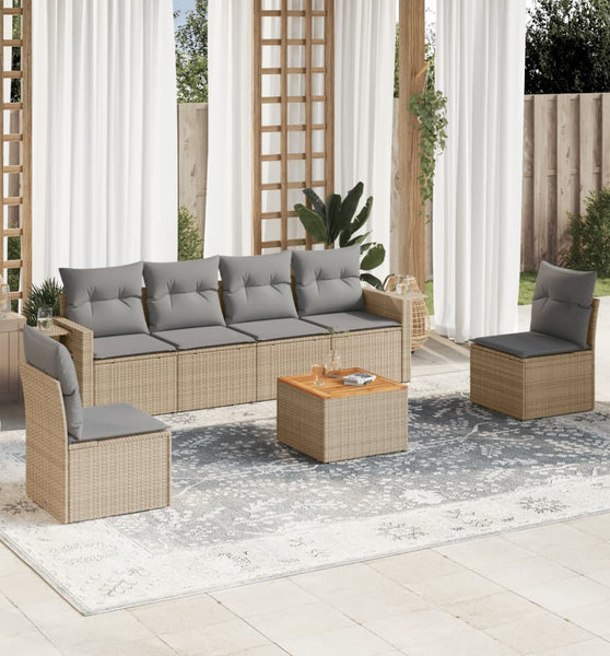 7-tlg. Garten-Sofagarnitur mit Kissen Beige Poly Rattan