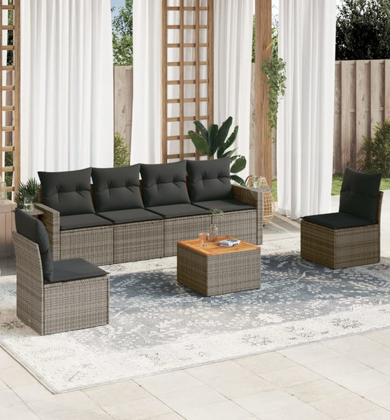 7-tlg. Garten-Sofagarnitur mit Kissen Grau Poly Rattan