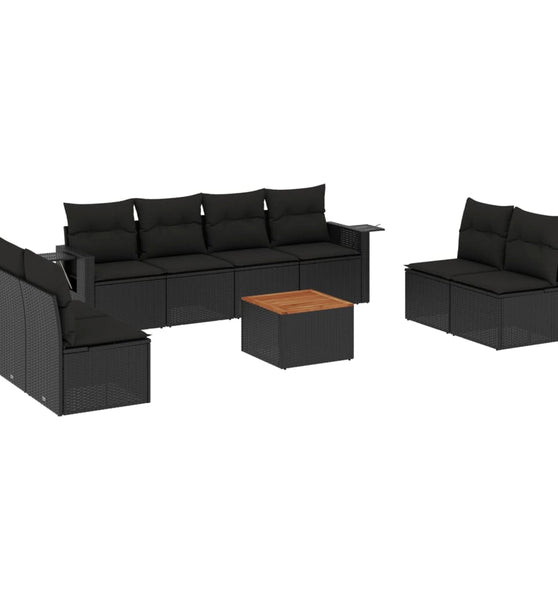 9-tlg. Garten-Sofagarnitur mit Kissen Schwarz Poly Rattan