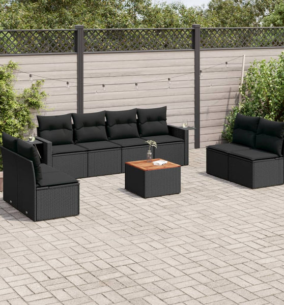 9-tlg. Garten-Sofagarnitur mit Kissen Schwarz Poly Rattan