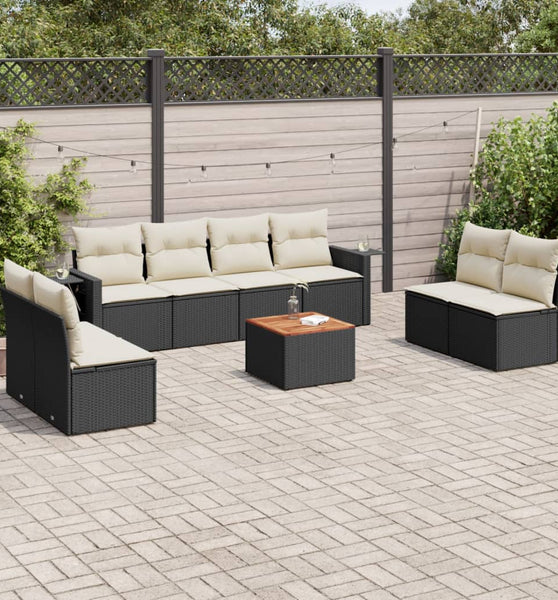 9-tlg. Garten-Sofagarnitur mit Kissen Schwarz Poly Rattan