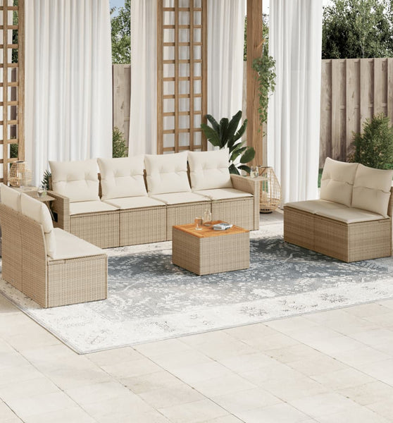 9-tlg. Garten-Sofagarnitur mit Kissen Beige Poly Rattan