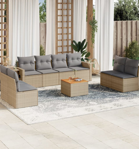 9-tlg. Garten-Sofagarnitur mit Kissen Beige Poly Rattan