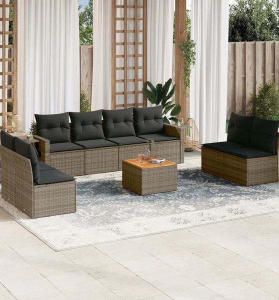 9-tlg. Garten-Sofagarnitur mit Kissen Grau Poly Rattan