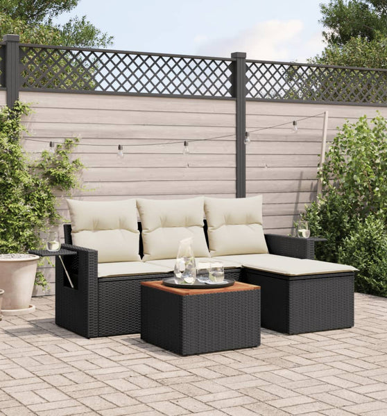 5-tlg. Garten-Sofagarnitur mit Kissen Schwarz Poly Rattan