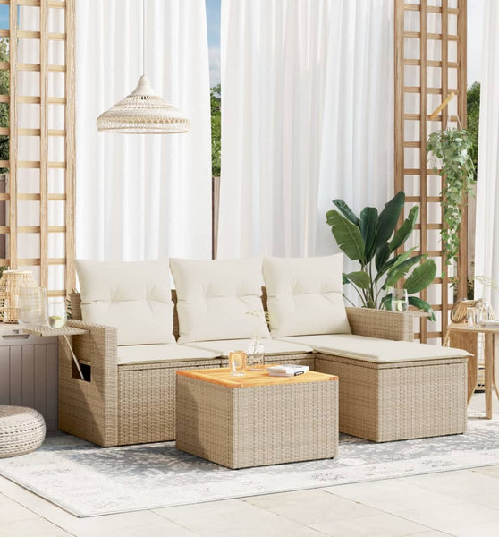 5-tlg. Garten-Sofagarnitur mit Kissen Beige Poly Rattan