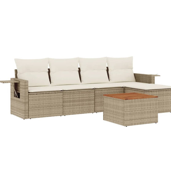 6-tlg. Garten-Sofagarnitur mit Kissen Beige Poly Rattan