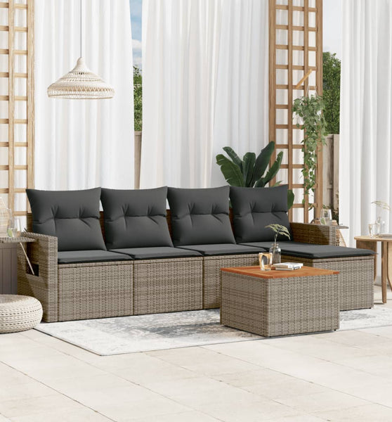 6-tlg. Garten-Sofagarnitur mit Kissen Grau Poly Rattan