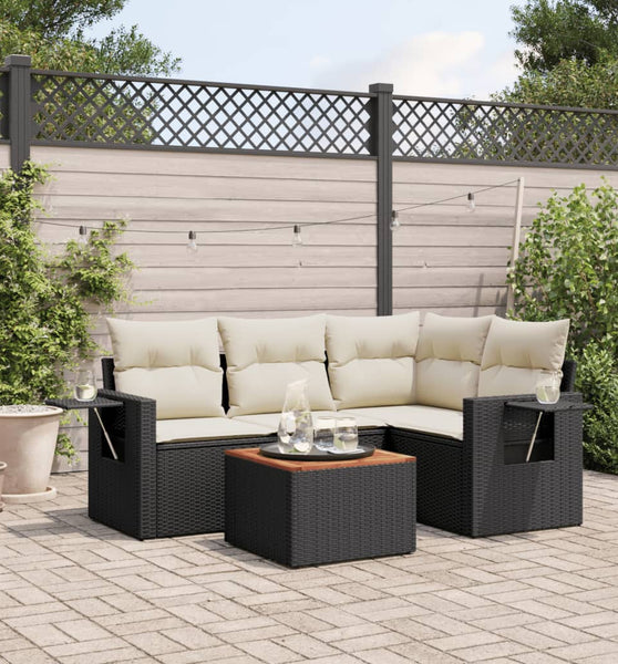 5-tlg. Garten-Sofagarnitur mit Kissen Schwarz Poly Rattan