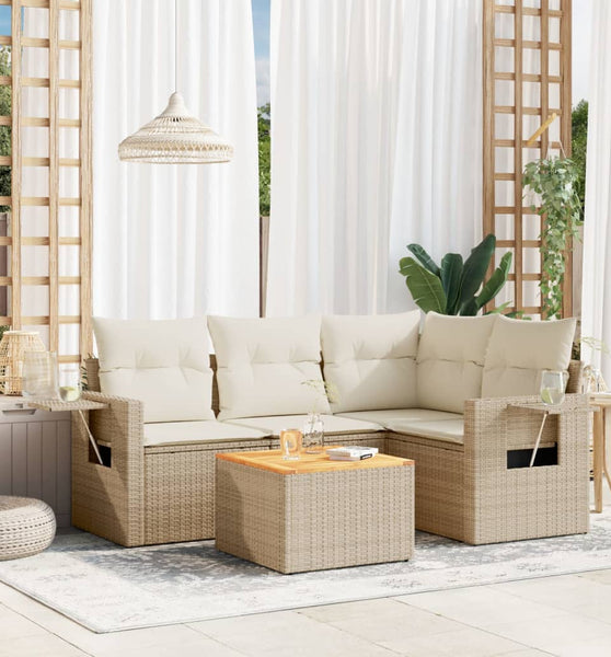 5-tlg. Garten-Sofagarnitur mit Kissen Beige Poly Rattan