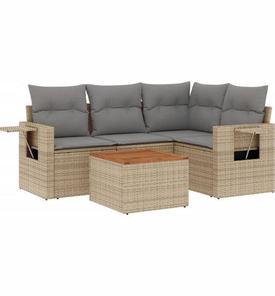 5-tlg. Garten-Sofagarnitur mit Kissen Beige Poly Rattan