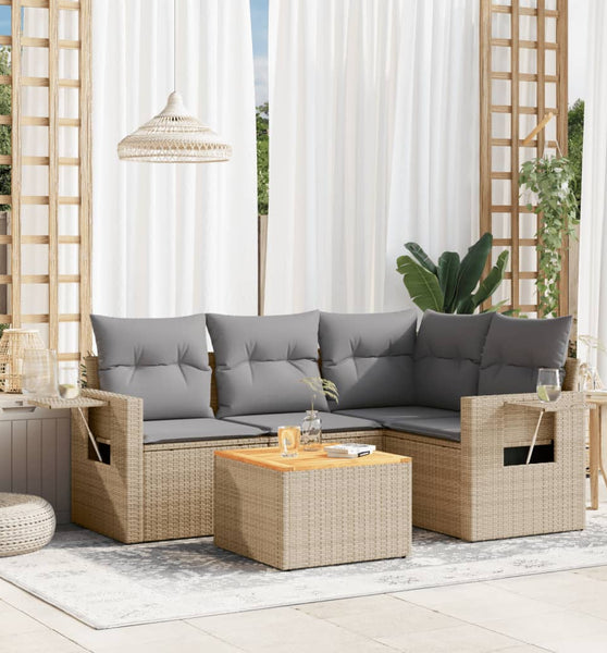 5-tlg. Garten-Sofagarnitur mit Kissen Beige Poly Rattan