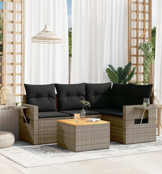 5-tlg. Garten-Sofagarnitur mit Kissen Grau Poly Rattan