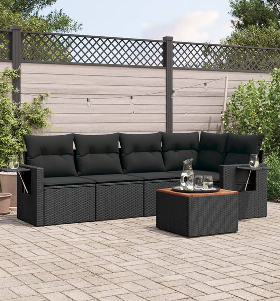 6-tlg. Garten-Sofagarnitur mit Kissen Schwarz Poly Rattan