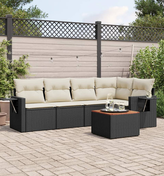 6-tlg. Garten-Sofagarnitur mit Kissen Schwarz Poly Rattan