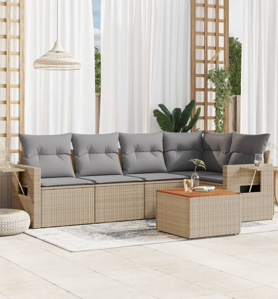 6-tlg. Garten-Sofagarnitur mit Kissen Beige Poly Rattan