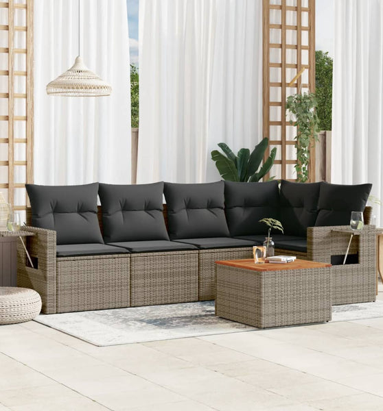 6-tlg. Garten-Sofagarnitur mit Kissen Grau Poly Rattan