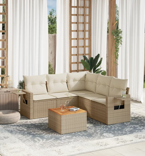 6-tlg. Garten-Sofagarnitur mit Kissen Beige Poly Rattan