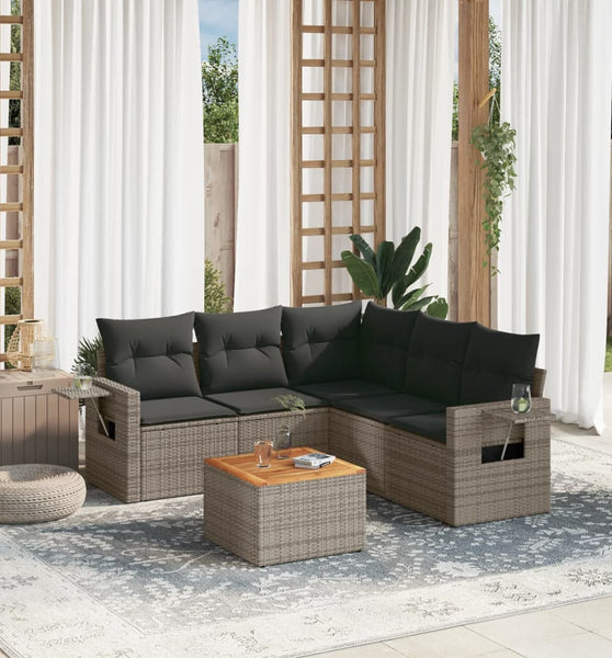 6-tlg. Garten-Sofagarnitur mit Kissen Grau Poly Rattan