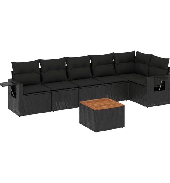 7-tlg. Garten-Sofagarnitur mit Kissen Schwarz Poly Rattan